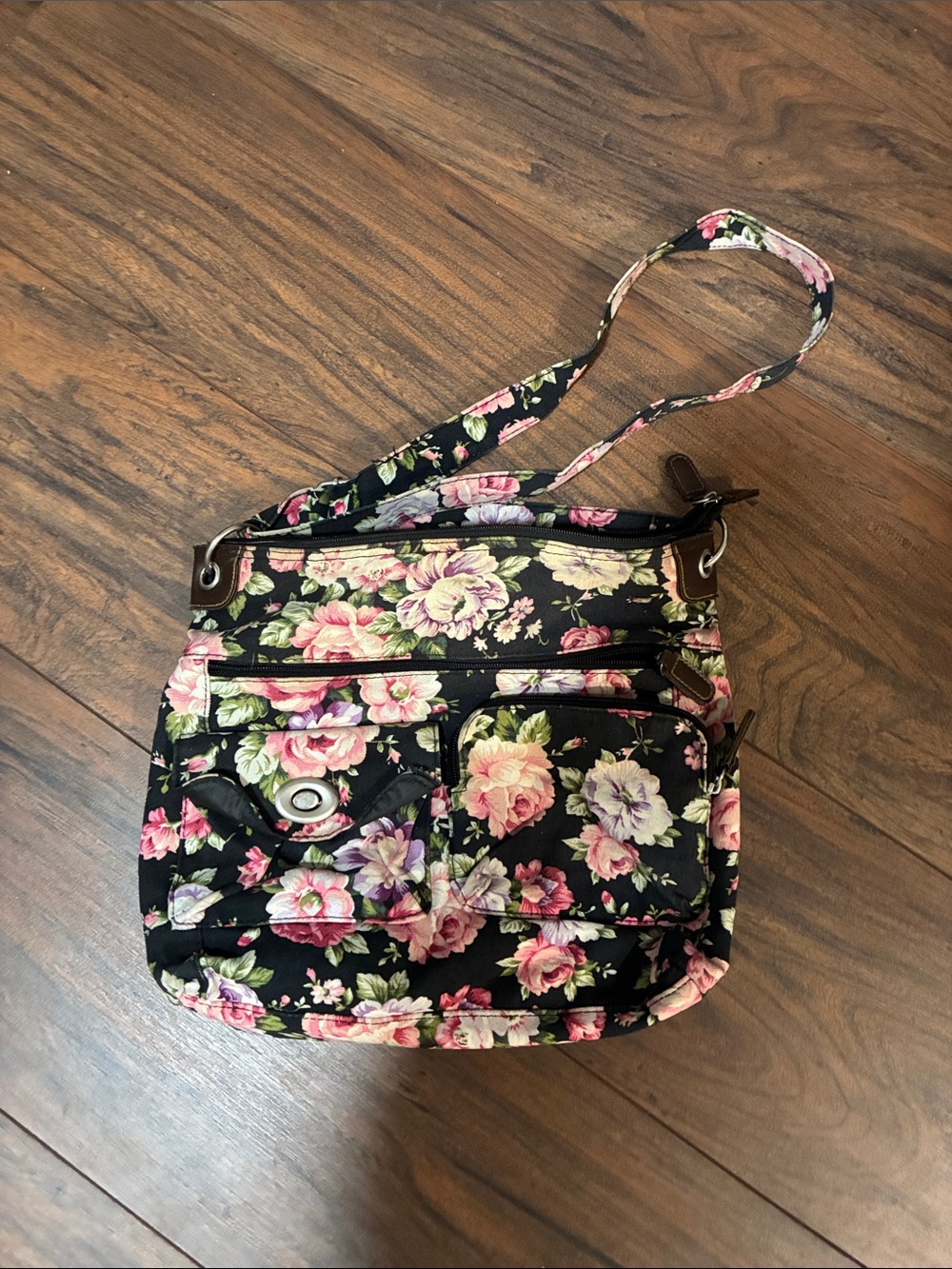 Floral Crossbody Handbag - Black with Pink & Green Floral Print